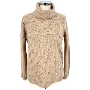 Nanette Lepore Lace Knit 100% 2-Ply Cashmere Turtleneck Sweater Beige Size Small